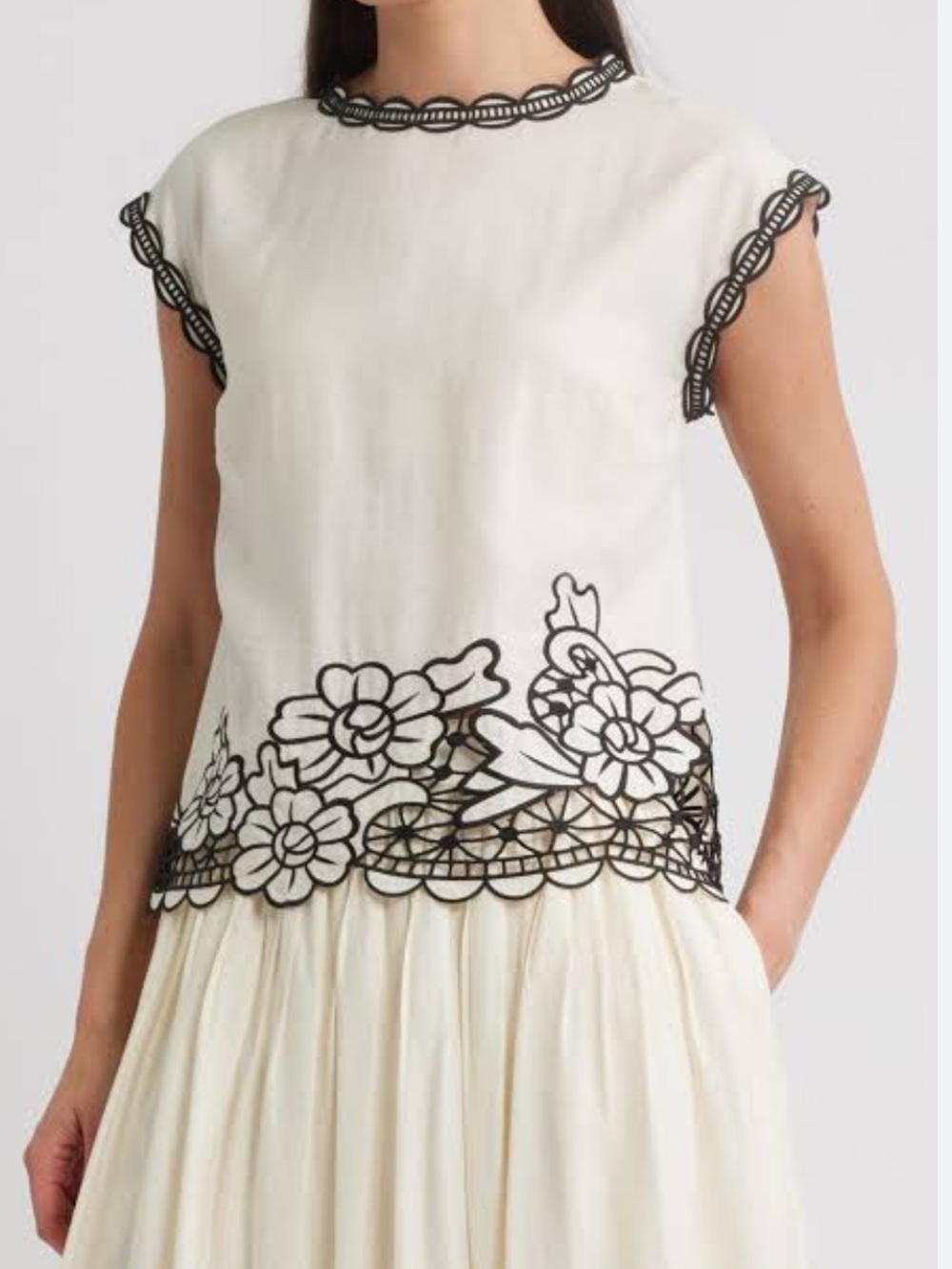 Ellie Tahari White Cap-Sleeve Top with Black Floral Lace Trim